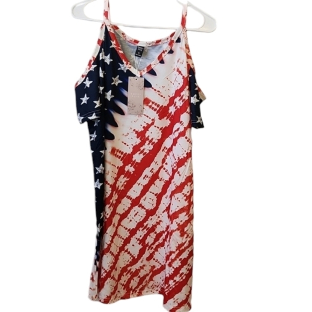 Emery Rose Cold Shoulder‎ American Flag Midi Summer Fourth Of July Womens Dress